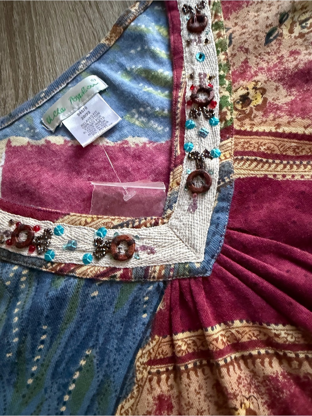 Ulla Popken Boho Patchwork Relaxed Fit V-Neck Tunic Burgundy Multi Size 20/22 - Picture 9 of 13